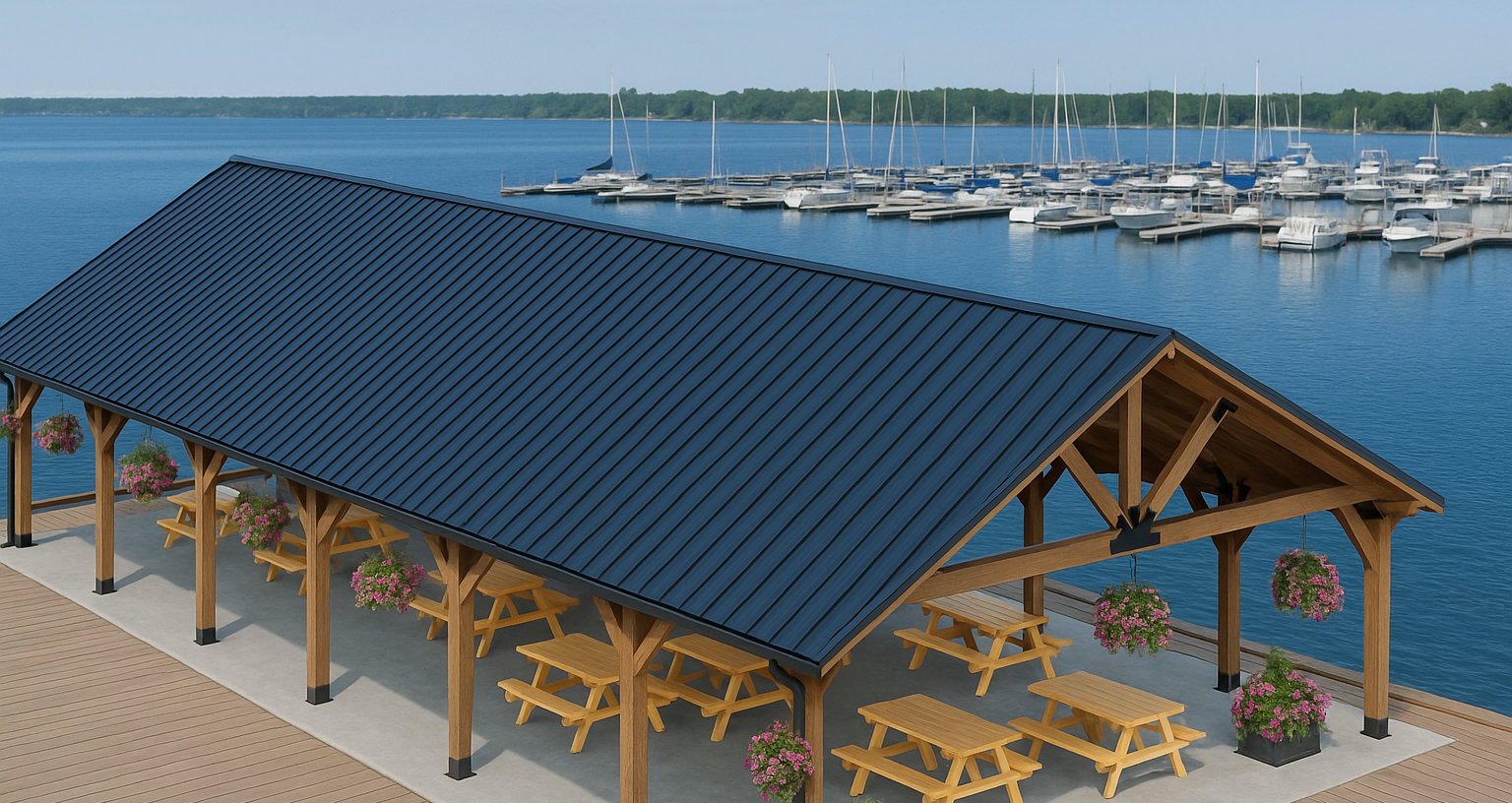 Large commercial pavilion by a marina