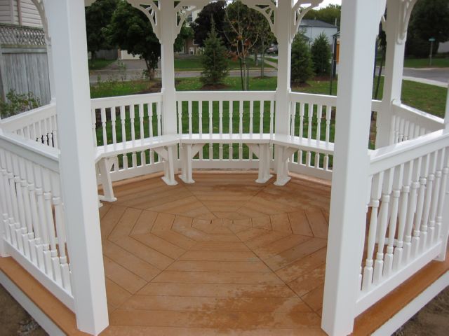 10 foot white vinyl octagon gazebo interior with bench seats