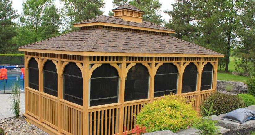 poolside wooden rectangle gazebo