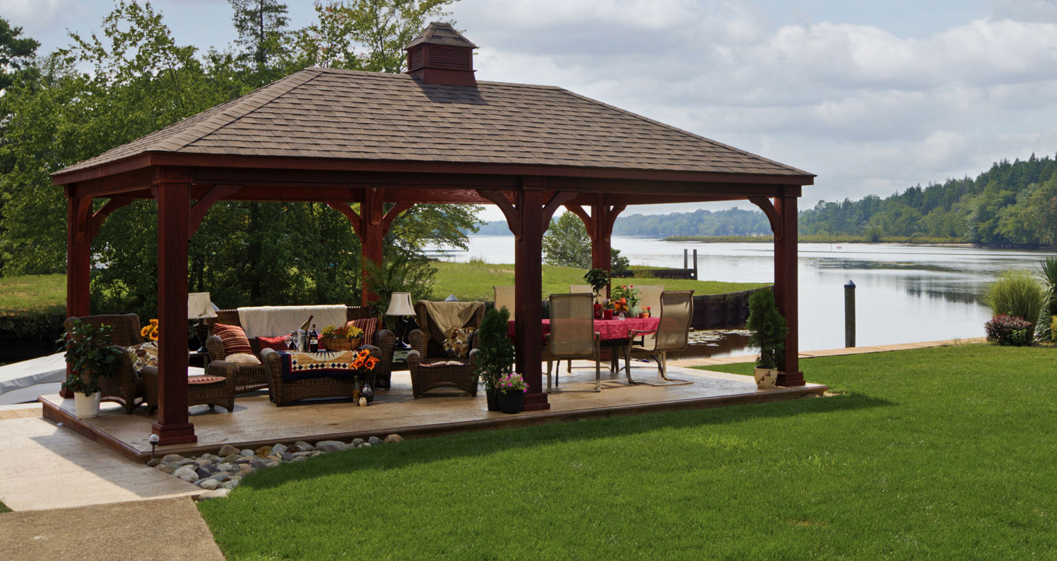 wood pavilion by the lake