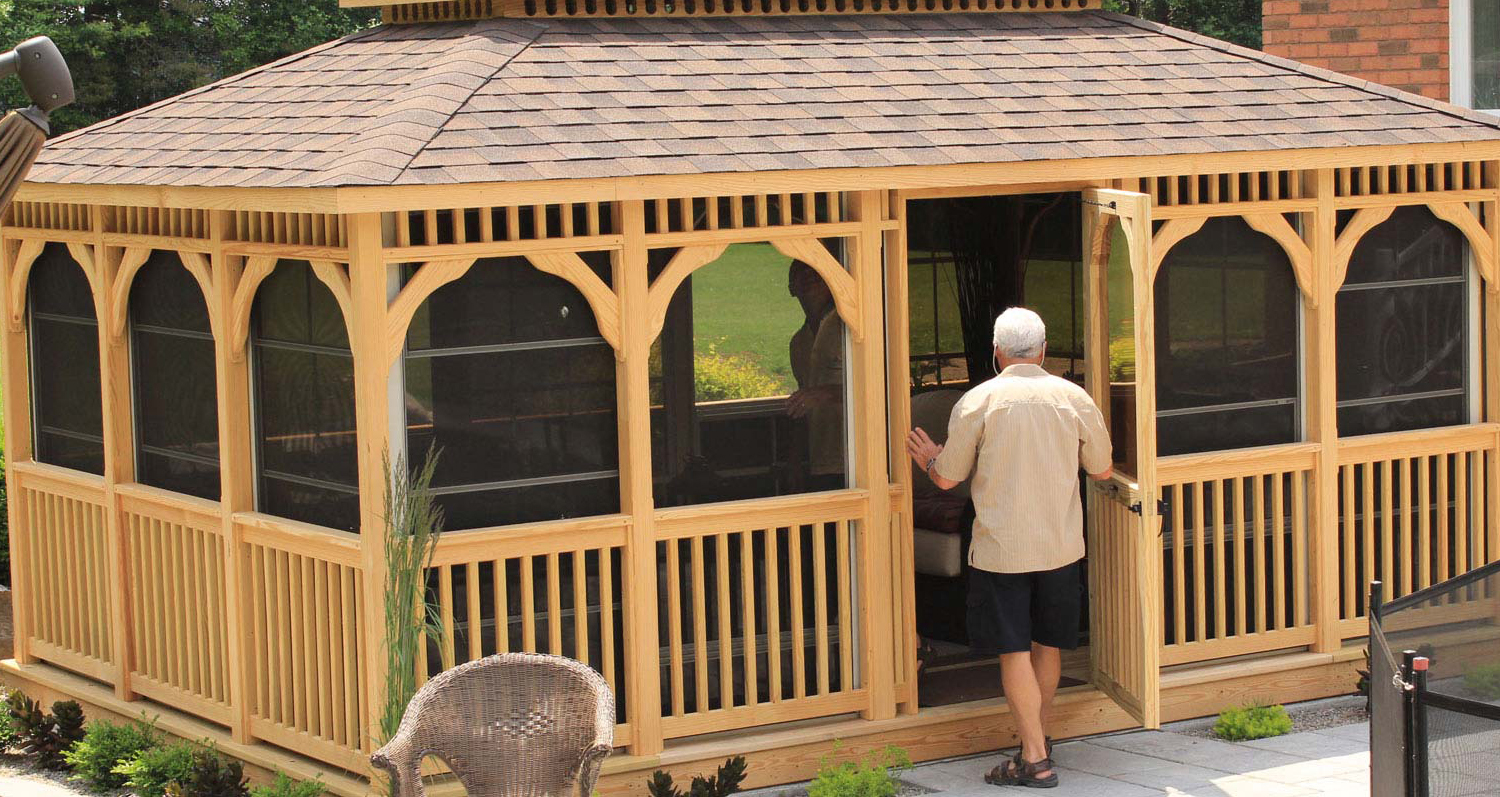 couple enjoying the shade of a rectangle wooden gazebo