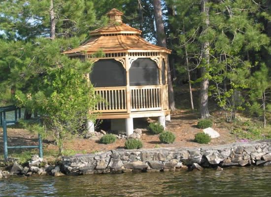 wooden octagon gazebo on the lake